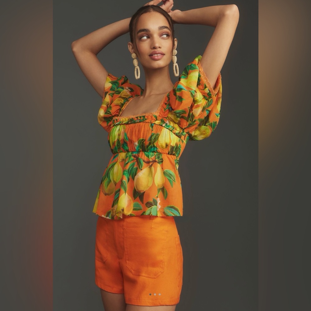 Small Farm Rio Orange Chic Pears Short-Sleeve Blouse - Picture 2 of 4